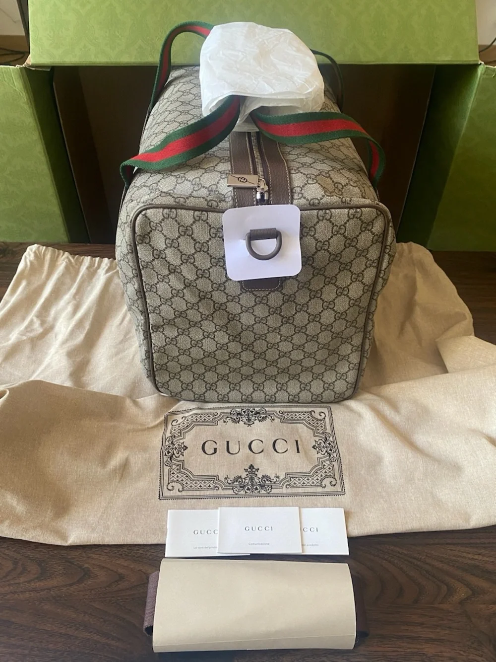 Gucci Beige GG Supreme 10ktf Canvas Duffel with Green-Red Web Straps
